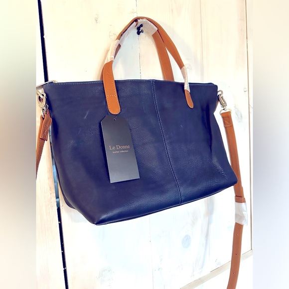 Le Donne Handbags - NWT Le Donne Kelly Satchel Navy Blue With Tan Handles & Crossbody Strap Medium